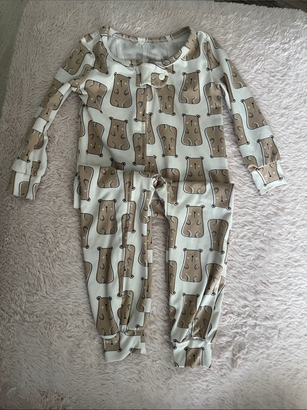 BearPaw Beige and White Bear-Print Kids One-Piece Footie